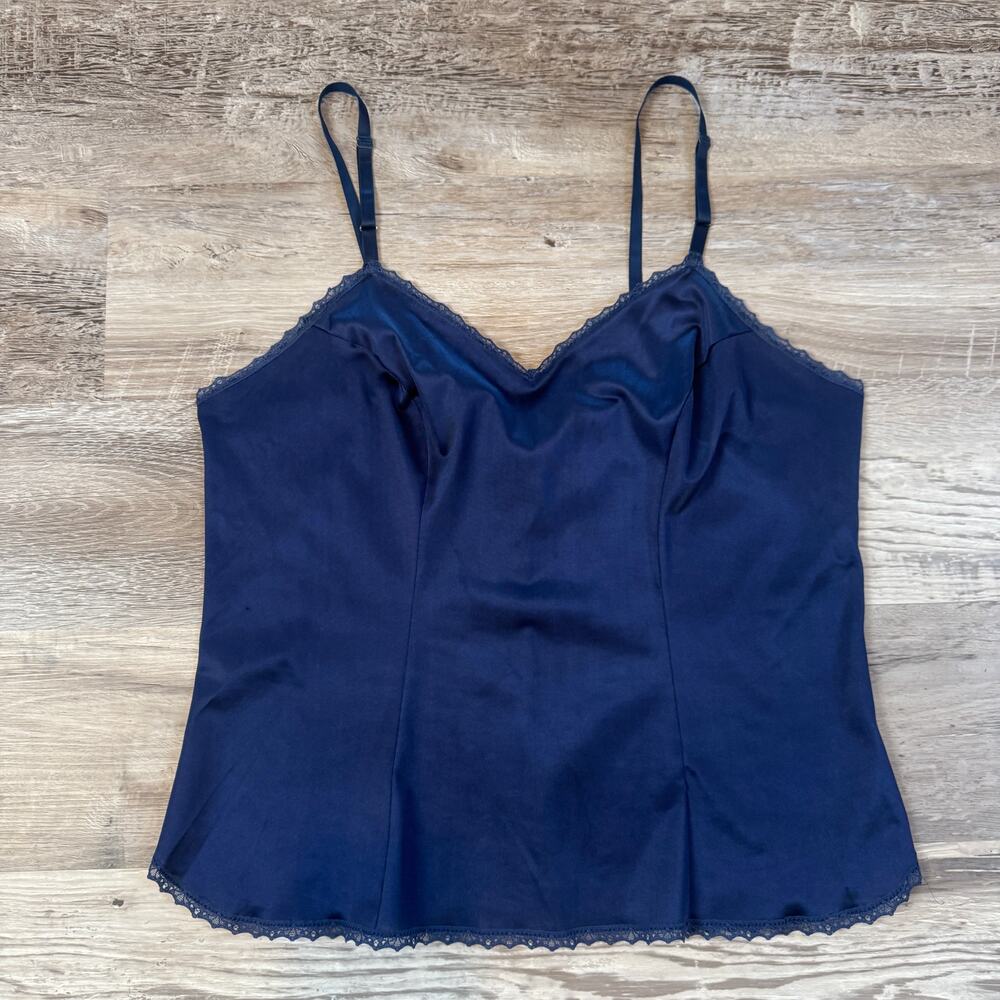 Vintage 70s Vanity Fair Navy Nylon Lace Camisole Cami Top Coquette Lingerie 38